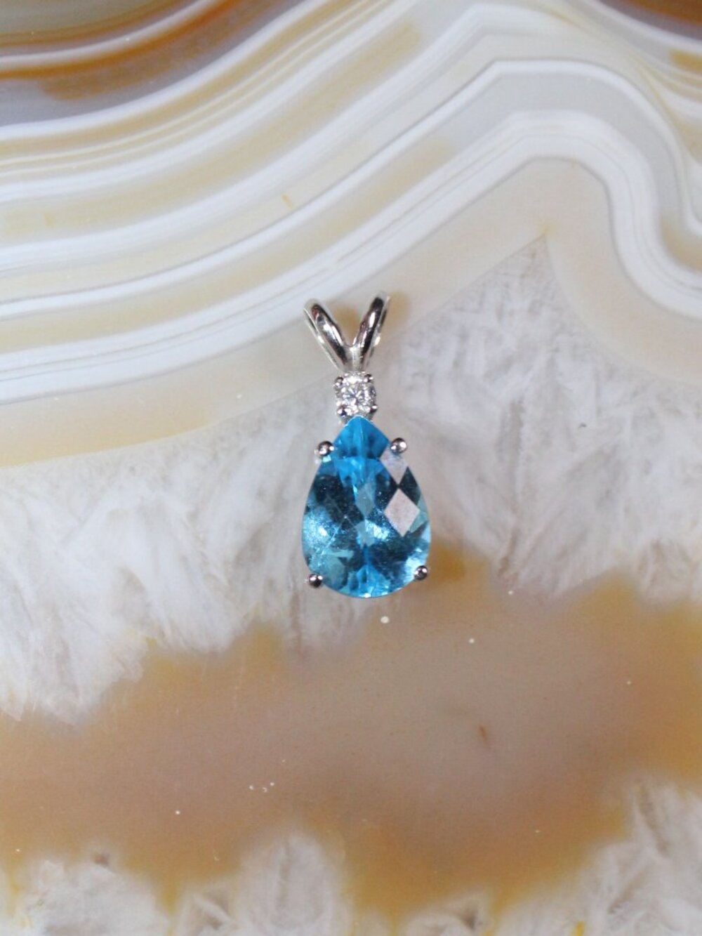 14K White Gold London Blue Pear Shaped Topaz and White Moissanite Pendant